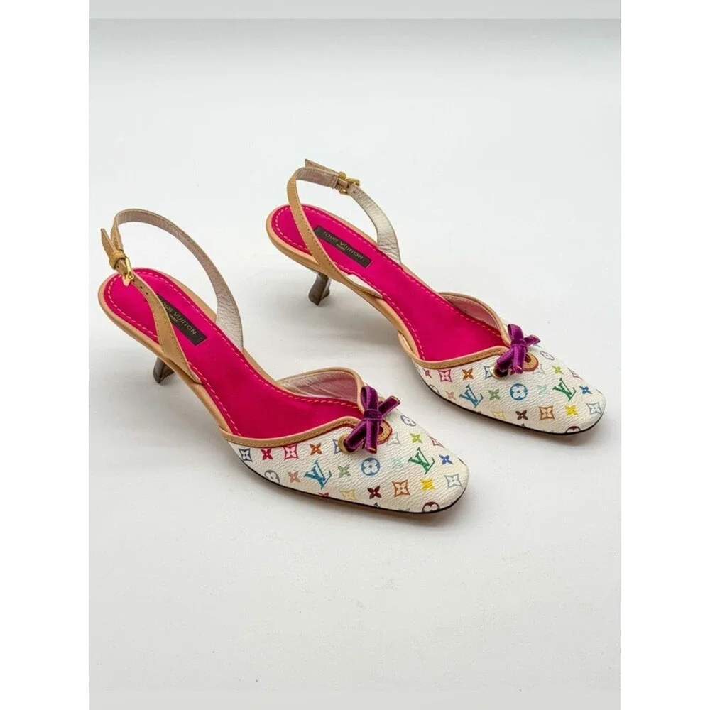 Louis Vuitton Takashi Murakami Vintage White Monogram Slingback Heels EU 38 US 8